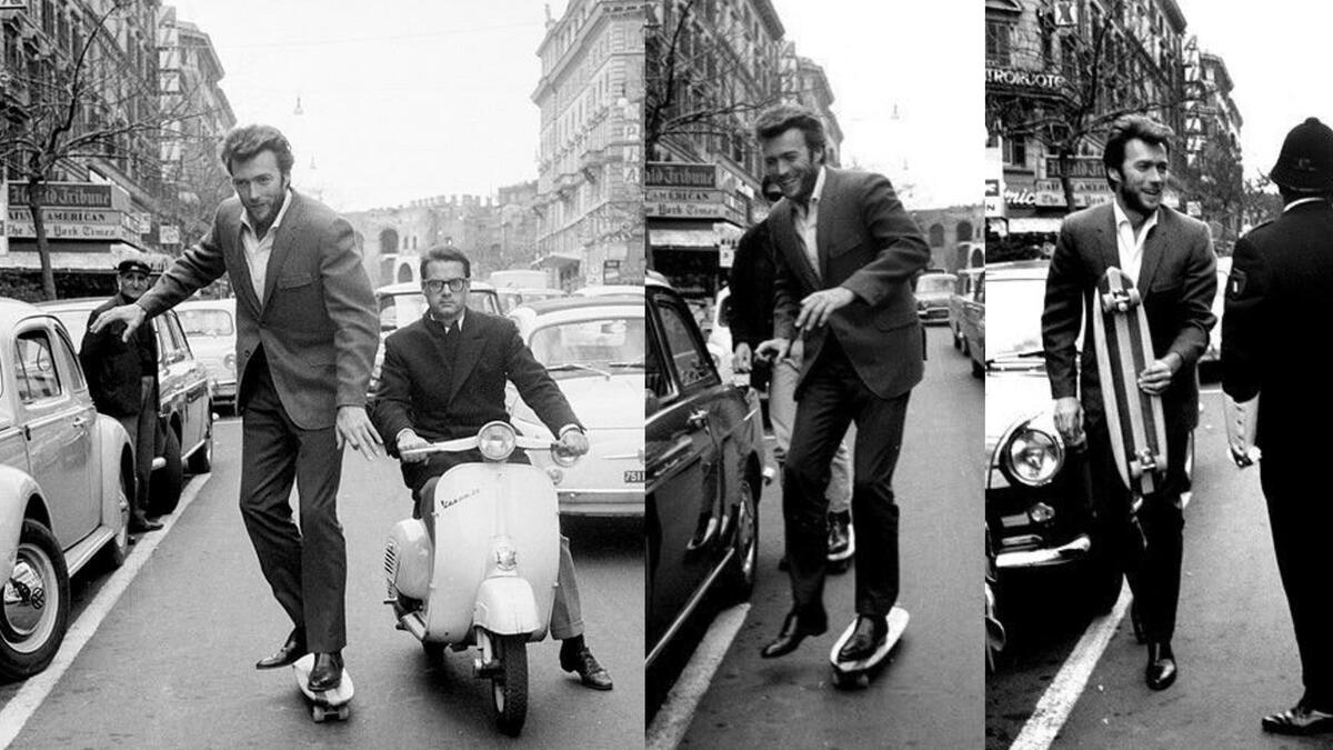 Young Clint Eastwood skateboarding in Rome, 1967.