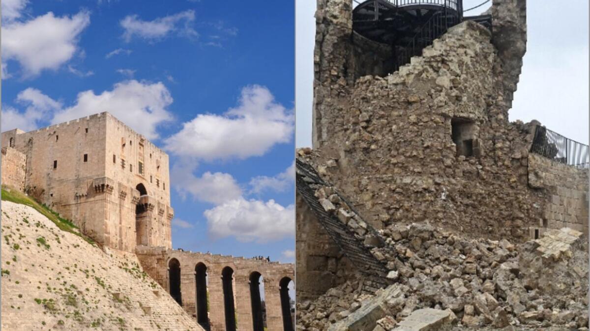 قلعة حلب: تعرضت القلعة المحصنة منذ العصور الوسطى في وسط حلب شمالي سوريا، لأضرار جسيمة، وخاصة جزء من الجدار الدفاعي الشمالي الشرقي وقبة منارة المسجد والمدخل من بين المتضررين.