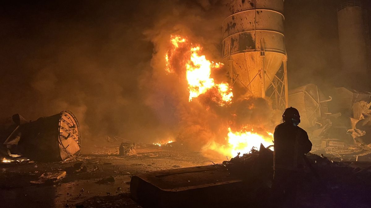 A firefighter douses the flames of a fire that took over a cement manufacturing complex following a series of Israeli airstrikes, in the village of Ansar, near Doueir, southern Lebanon, on October 16, 2025. AFP Israeli drone strike kills two brothers in southern Lebanon