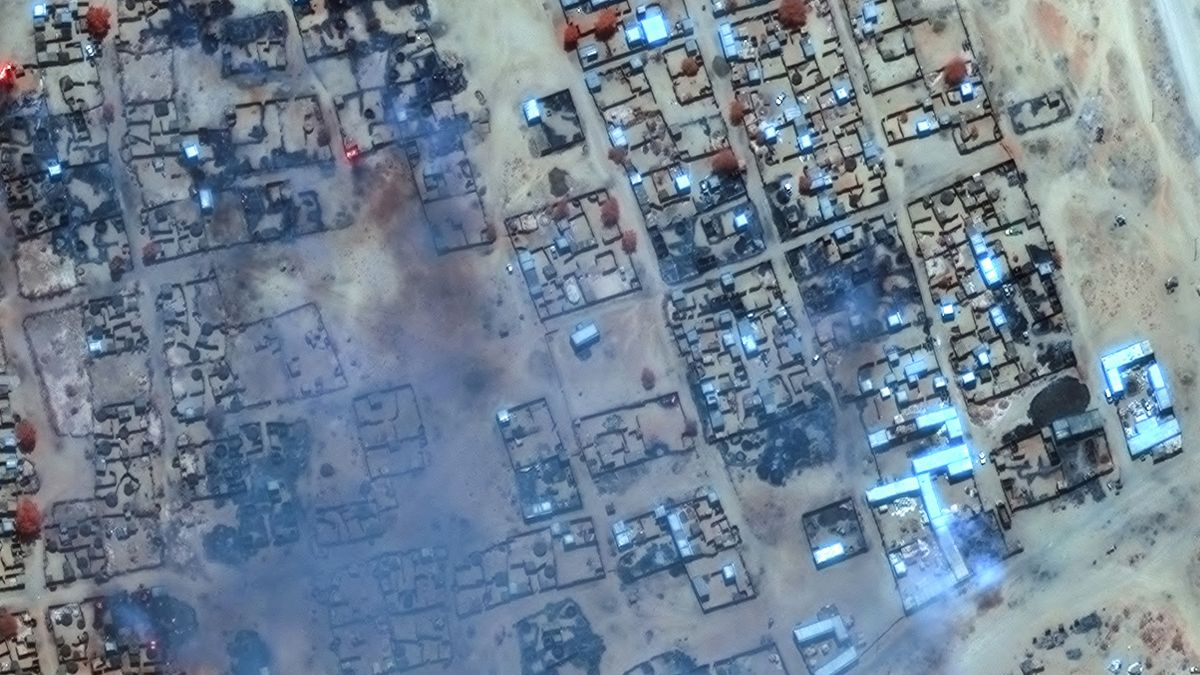 This handout image courtesy of Maxar Technologies released on April 17, 2025, shows smoke billowing and burned buildings in the Zamzam camp near the besieged Darfur city of Al Fashir. Photo by - / SATELLITE IMAGE ©2025 MAXAR TECHNOLOGIES / AFP Al Fashir city