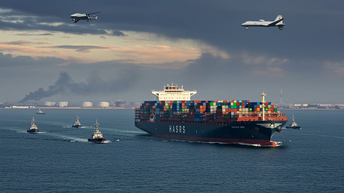 صورة خارجية لسفينة حاويات كبيرة تعبر مضيق هرمز، مع أجواء توحي بالتوتر في المشهد. السفينة محمّلة بالكامل وترفع علمًا محايدًا،