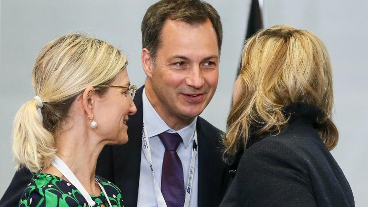 Belgium's deputy PM and Minister for Development Cooperation Alexander De Croo, Danish Minister for International development Ulla Tornaes (facing) and UK Secretary of State for International Development Penny Mordaunt meet at the conference on 'Supporting the future of Syria and the region' in Brussels on April 25,2018. 
Stéphanie Lecocq/AFP