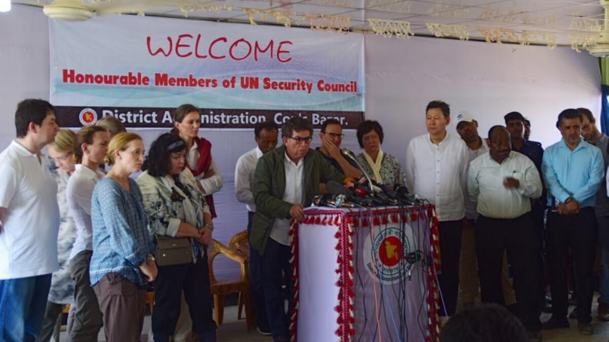United Nations Security Council members meet the press in Rohingya refugee camps in Bangladesh's Ukhia's district on 29 April 2018. Sam Jahan/AFP