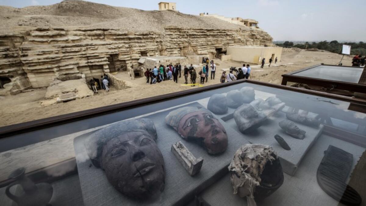 Monuments are displayed during a new discovery made by an Egyptian archaeological mission through excavation work at an area located on the stony edge of King Userkaf pyramid complex. (KHALED DESOUKI /AFP)