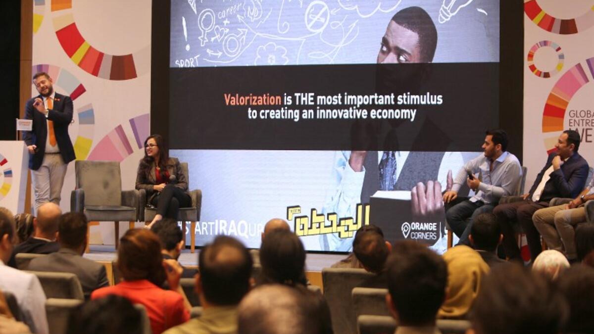 Iraqis attend a meeting at "The Station", Baghdad's incubator for would-be entrepreneurs, in the Iraqi capital on November 17, 2018.
SABAH ARAR / AFP