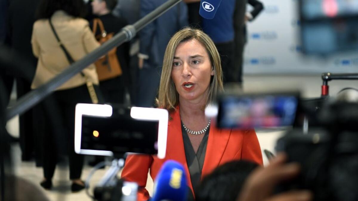 European Union Foreign Policy Chief Federica Mogherini speaks to the press during the first joint European Union and Arab League summit at the International Congress Centre in the Egyptian Red Sea resort of Sharm el-Sheikh, on February 24, 2019. 
Khaled DESOUKI / AFP