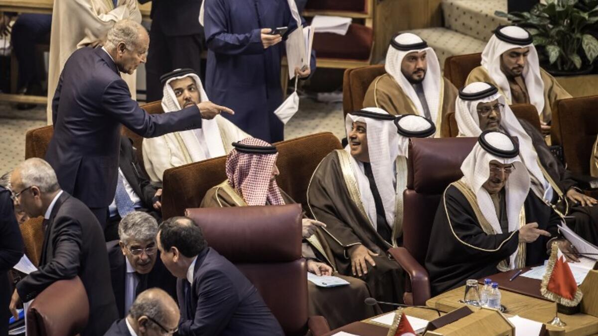 Arab League Secretary-General Ahmed Aboul Gheit (L) speaks with Bahrain’s delegation during a meeting of the Arab League Foreign Ministers in the Egyptian capital Cairo on March 6, 2019. 
Khaled DESOUKI / AFP