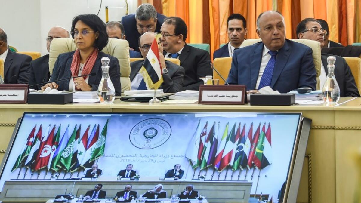 Egyptian Foreign Minister Sameh Shoukry (R) and Mounia Boucetta (L), Morocco's Secretary of State for Foreign Affairs and International Cooperation, attend the preparatory meeting for Arab League foreign ministers in Tunis on March 29, 2019 ahead of the 30th annual Arab League summit. 
FETHI BELAID / AFP