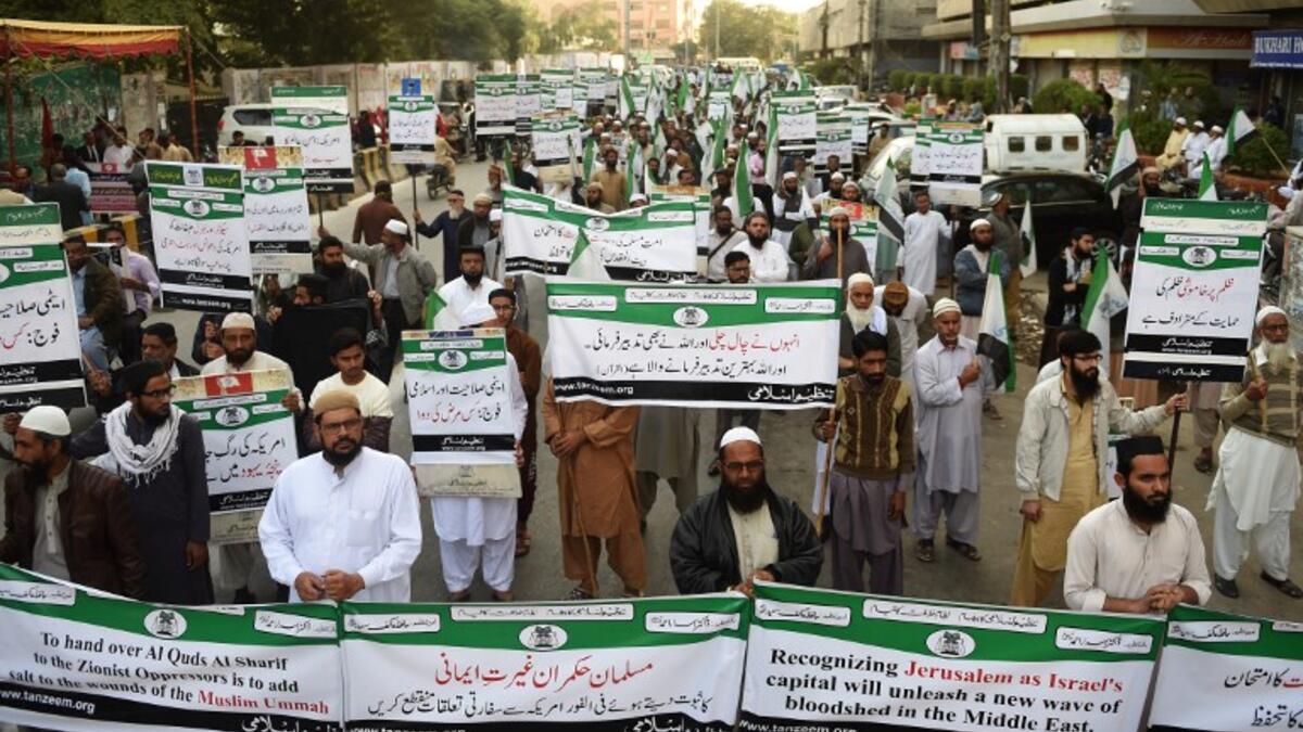 Protesters march during an anti-US and Israel rally in Karachi, following US President Donald Trump's decision to officially recognize Jerusalem as the Israeli capital. Nuclear-armed Pakistan said it was "unequivocally opposed" to US President Donald Trump's expected move to recognise Jerusalem as Israel's capital.
(RIZWAN TABASSUM / AFP)