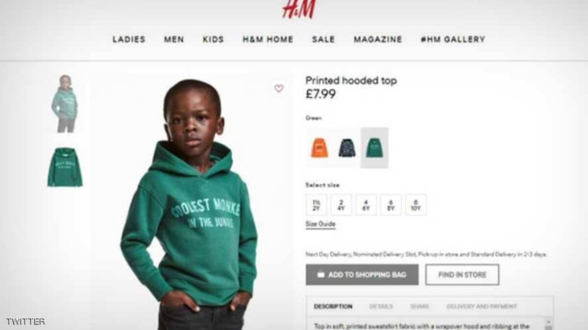 أثار إعلان نشرته شركة H&M السويدية للملابس على موقعها الإلكتروني عاصفة من الانتقادات أظهرت طفلًا صاحب بشرة سوداء وهو يرتدي سترة كتب عليها "أروع قرد في الغابة".