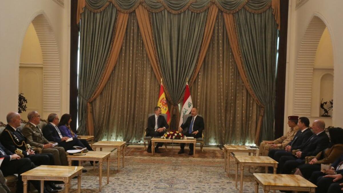 Iraqi President Barham Saleh (R) receives the King of Spain Felipe VI in the capital Baghdad on January 30, 2019. King Felipe visited special forces helping Iraq fight jihadists, during the first trip by a Spanish monarch to the war-ravaged country in four decades, a diplomat said.
AHMAD AL-RUBAYE / AFP