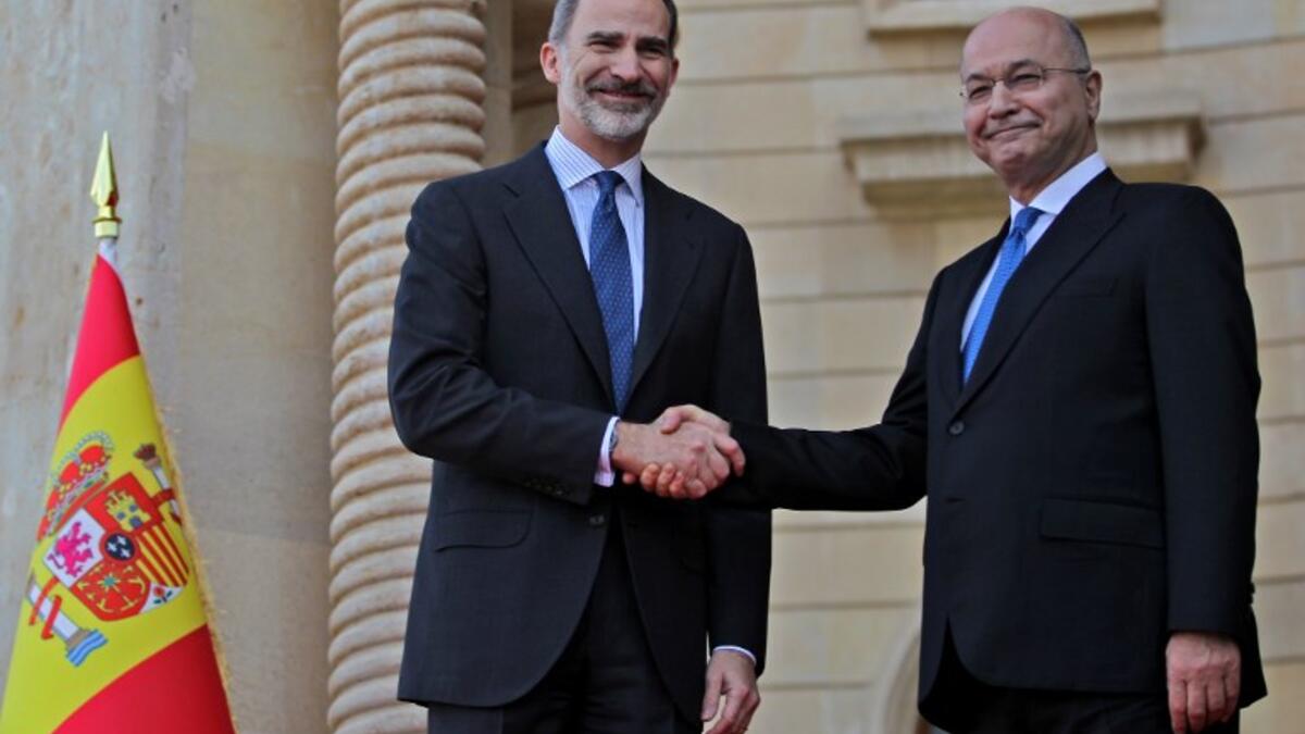 Iraqi President Barham Saleh (R) receives the King of Spain Felipe VI in the capital Baghdad on January 30, 2019. King Felipe visited special forces helping Iraq fight terrorists, during the first trip by a Spanish monarch to the war-ravaged country in four decades, a diplomat said.
AHMAD AL-RUBAYE / AFP