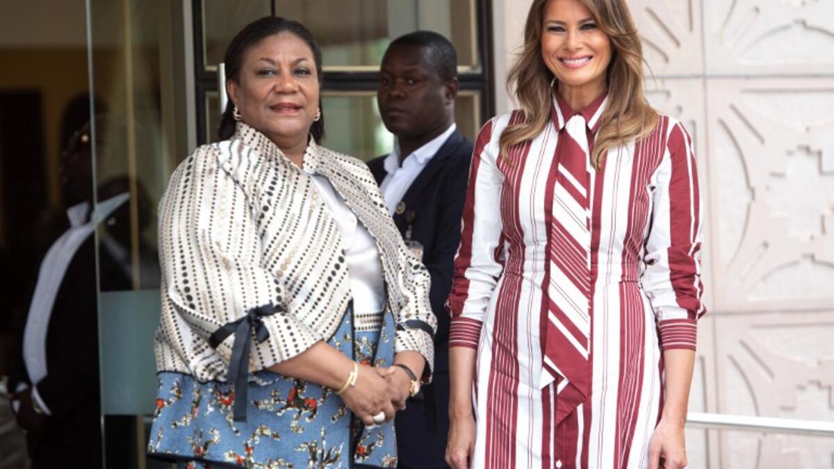 US First Lady Melania Trump (R) poses with Ghana's First Lady Rebecca Akufo-Addo prior to their meeting at Jubilee House in Accra, Ghana. (SAUL LOEB / AFP)