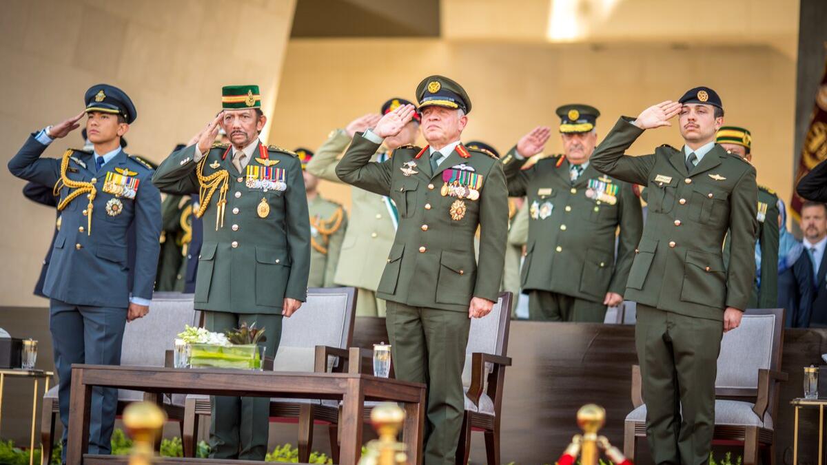 King Abdullah II and Sultan Haji Hassanal Bolkiah of Brunei attend the annual Flag Parade in the Royal Hashemite Court. (@RHCJO/ Twitter)