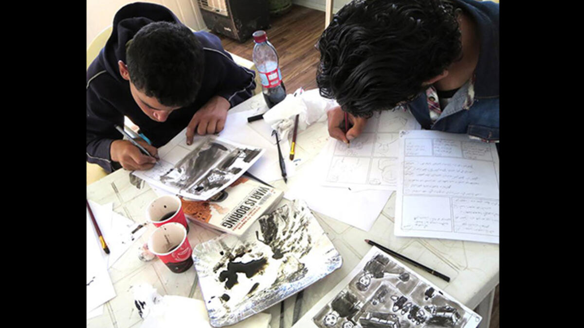 The artists first wrote out a storyboard - in text - dividing their stories into individual scenes. With ink dip pens and brushes, they then converted the language to images. Western stories unfold in panels from left to right, which here reversed to fit with right-leading Arabic print and typesetting.