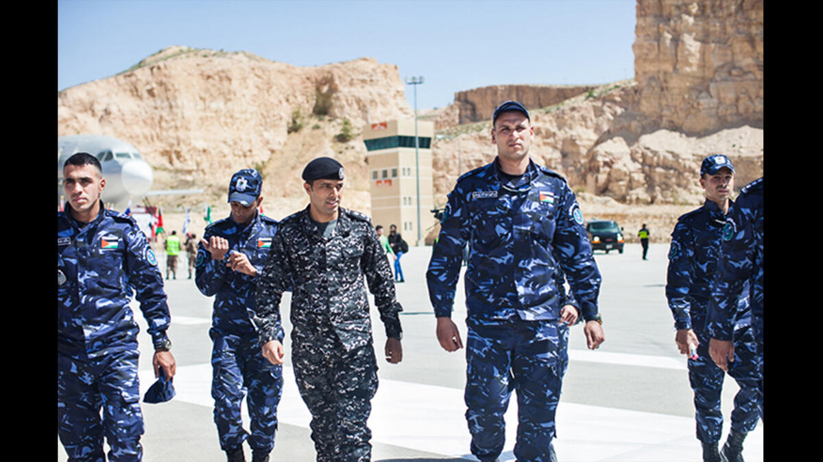 The Palestinian team walks toward their first exercise following the opening ceremonies of the seventh annual Warrior Competition. While some of the teams were members of armed forces, several, including the Palestinian team, were police or belonging to intelligence services.