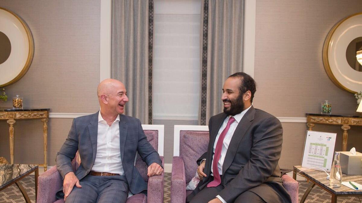 HRH Crown Prince Mohammed Bin Salman met with Amazon founder Jeff Bezos to discuss areas of cooperation in light of the Kingdom’s Vision 2030 (Twitter)
