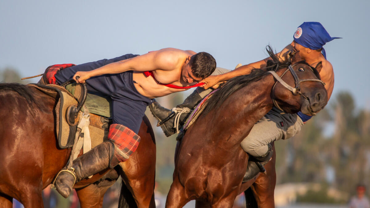 Men wrestling on horseback (Shutterstock/File Photo)