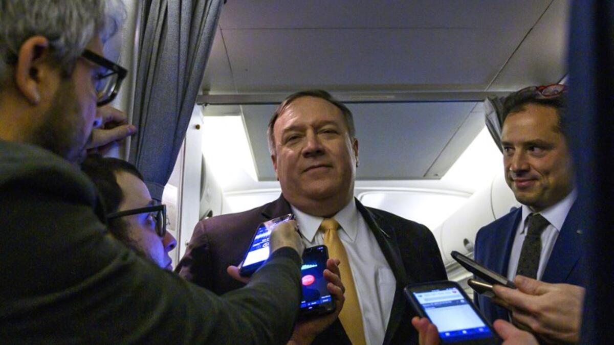US Secretary of State Mike Pompeo speaks with the press on as he flies to the Middle East on January 7, 2019..
ANDREW CABALLERO-REYNOLDS / POOL / AFP