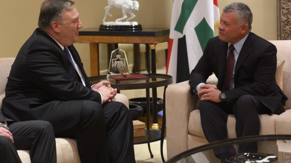 US Secretary of State Mike Pompeo (L) meets with King Abdullah of Jordan (R) during his visit to Amman on January 8, 2019.
ANDREW CABALLERO-REYNOLDS / POOL / AFP