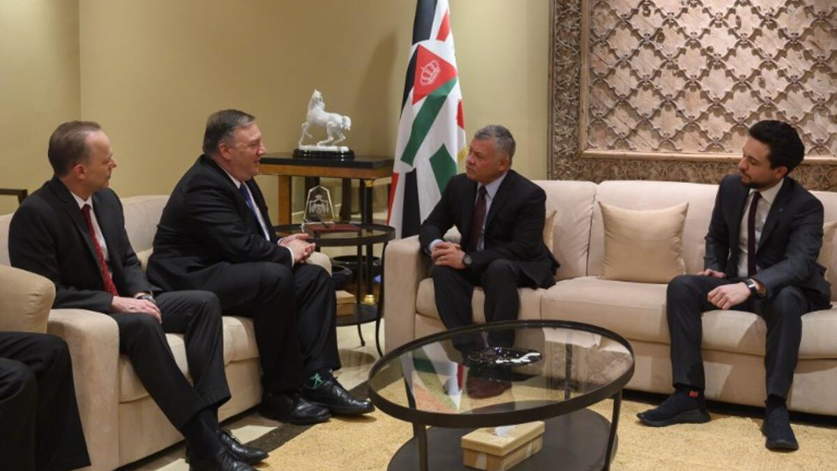 US Secretary of State Mike Pompeo (2nd L) meets with King Abdullah of Jordan (2nd R) during his visit to Amman on January 8, 2019.
ANDREW CABALLERO-REYNOLDS / POOL / AFP