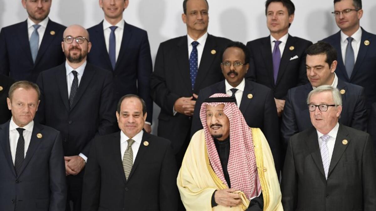 (1st row, from L) European Council President Donald Tusk, Egyptian President Abdel Fattah al-Sisi, King Salman of Saudi Arabia and President of the European Commission Jean-Claude Juncker pose for a family picture during the first joint European Union and Arab League summit.
Khaled DESOUKI / AFP