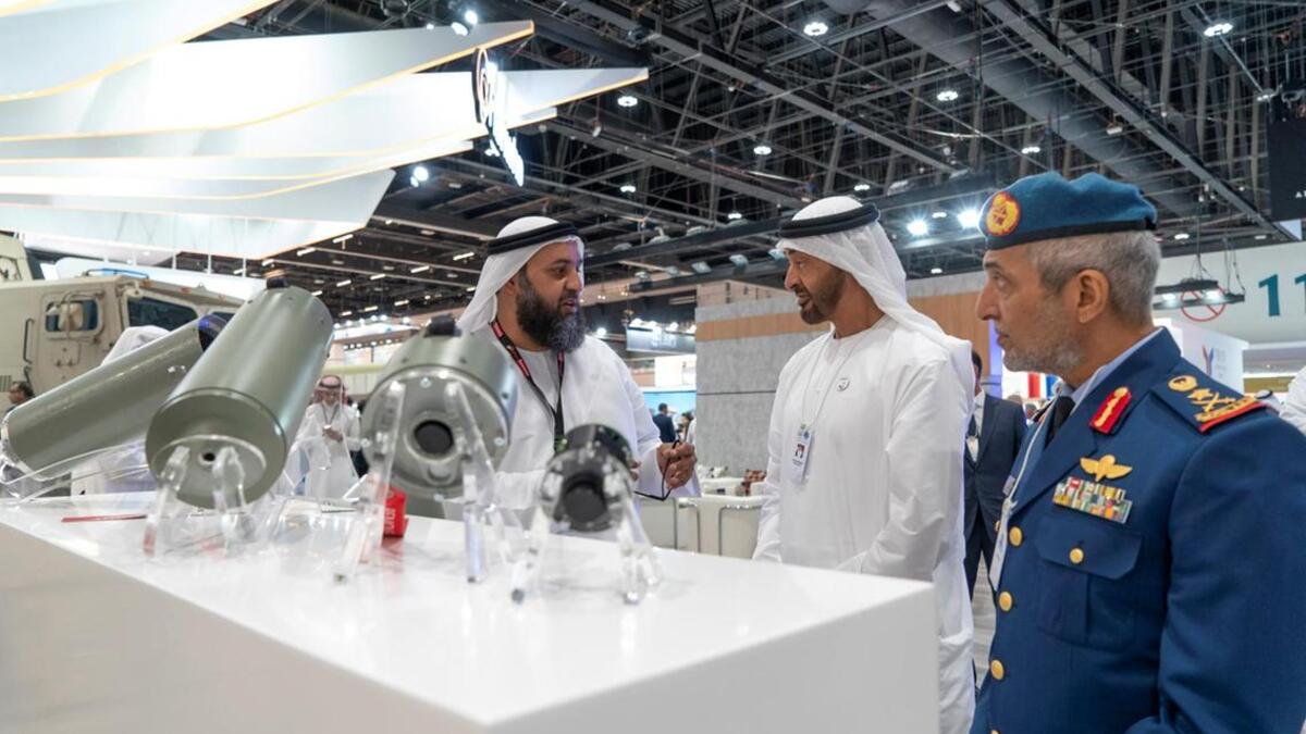 Sheikh Mohamed bin Zayed visits the Halcon Systems stand at Idex. 
Rashed Al Mansoori / Ministry of Presidential Affairs