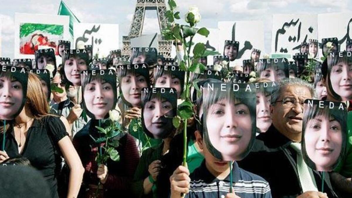 Neda Soltan: literally a poster child of the green revolution of Iran 2009- bringing a human face to the Persian Awakening
and opposition to the Iranian elections. Her death was captured on video and broadcast over the
 Internet- particularly poignant as a public death of a pretty Persian woman.