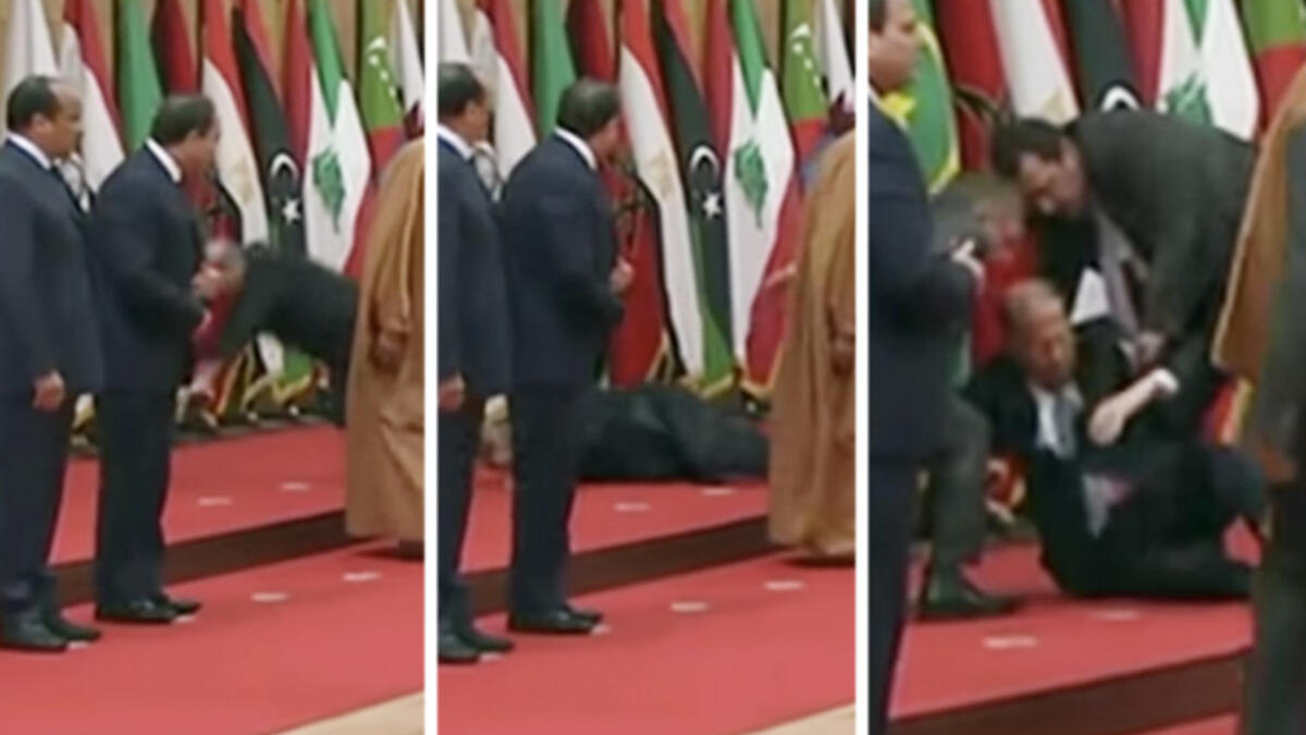 The Lebanese might always complain about Jordan being boring, but Michel Aoun was literally falling for Jordan! The 84 year-old new President was helped back to his feet by security after missing a step and going down hard - oops.