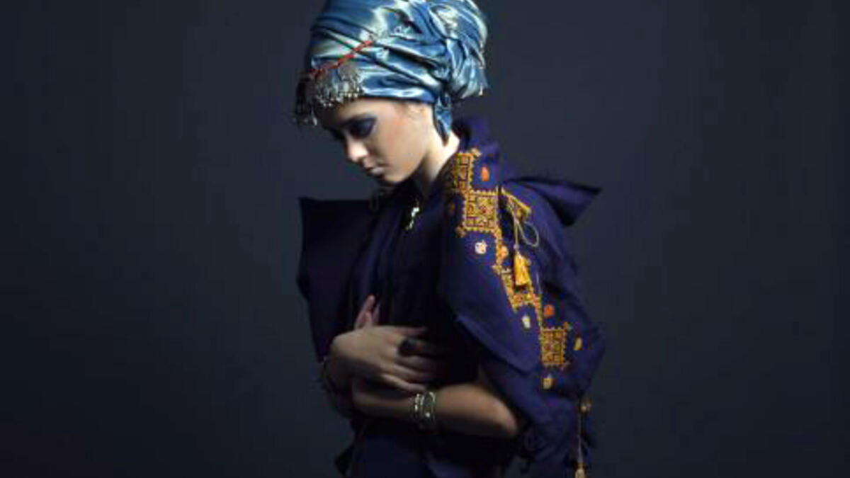 One of Palestine fashion designer Omar Joseph’s garments on the exhibition at Mosaic Rooms. “What I want is to push the underlying concepts of Palestinian garments in novel and perhaps extreme directions, while maintaining their unique elements and visual identity,” says Joseph. (Tarek Moukaddem)