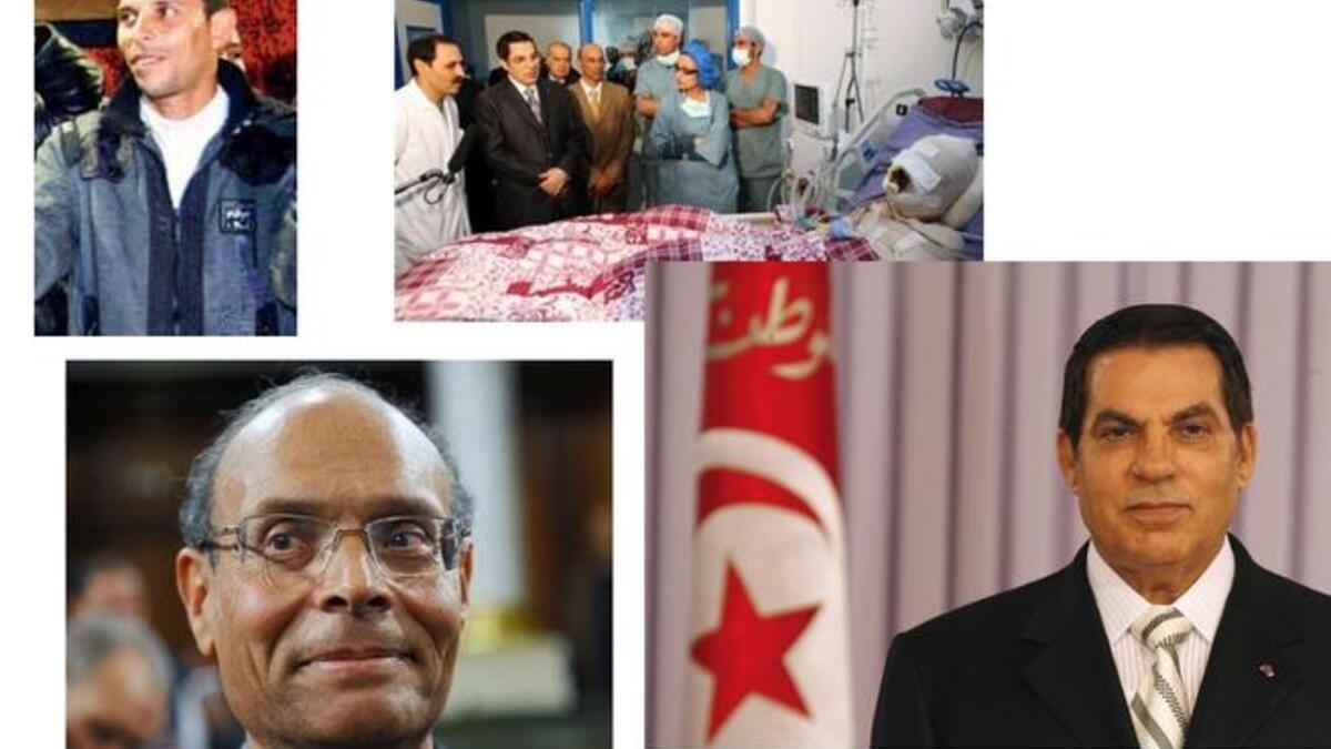 Last but not least, even first! From the face that launched a thousand revolutions, the spark of burning (im)potent rage, fruit peddler Mohammed Bouazizi set alight himself and a whole Arab revolution that ravaged the region; to Tunisia's runaway leader Zine Abidine Ben Ali; to a new face of Tunisian hope in coalition leader Moncef Marzouki.