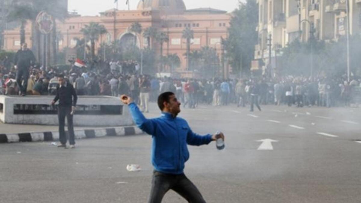 Egyptian demonstrators protest in central Cairo to demand the ouster of President Hosni Mubarak.