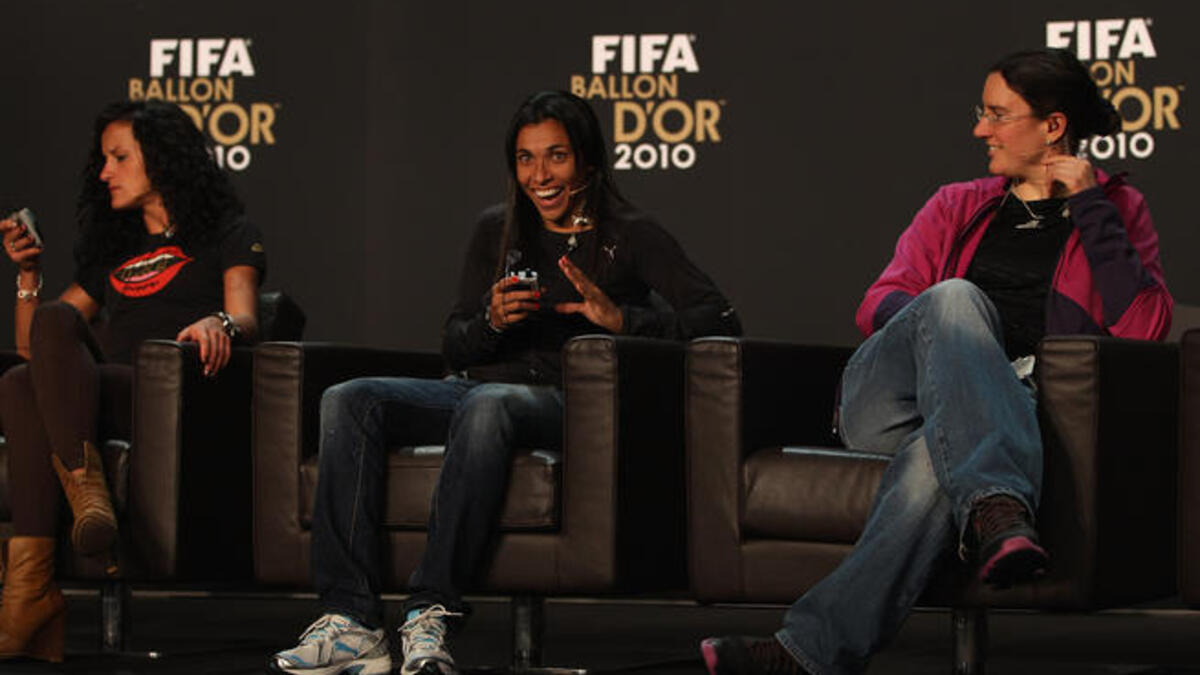 Birgit Prinz (R) of Germany, Marta (C) of Brazil and Fatmire Bajramaj (L) of Germany all contenders for women player of the year.