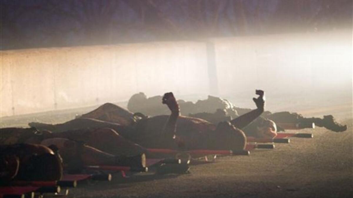 Burnt bodies lie on the ground after a bus was trapped in a huge forest fire that raged out of control near Israel northern city of Haifa