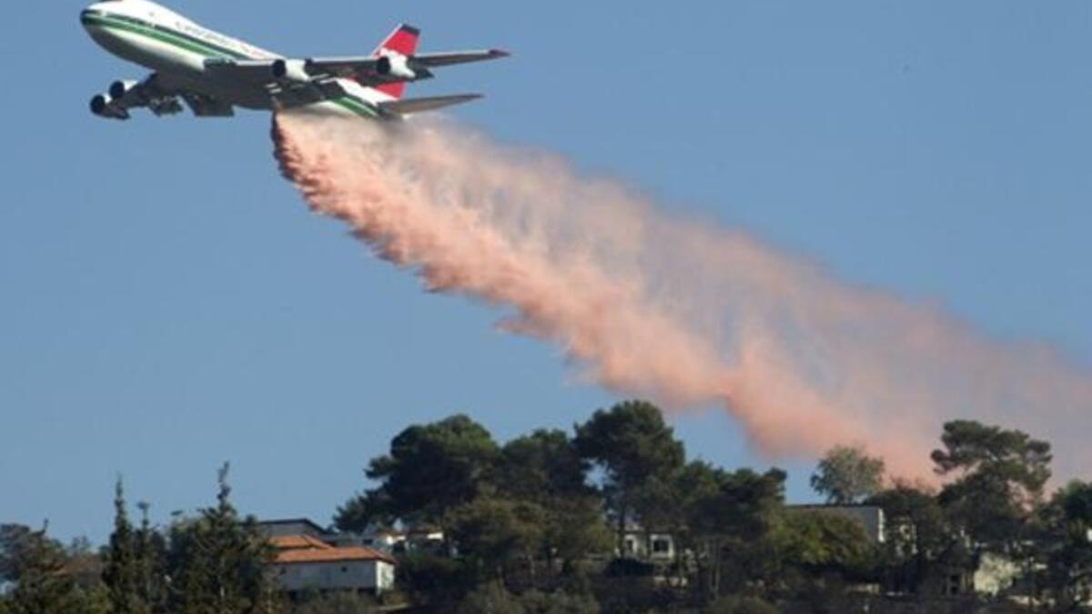 US Evergreen 747 supertanker sprays over an area in Ein Hod in the Carmel Forest in the outskirts of Haifa, as dozens of firefighting planes from around the world battled the blaze, which has killed 41 people so far.