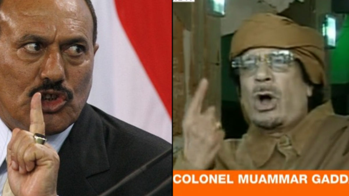 Leaders name-call their protesters: ‘Mad-Dog’ labels his disobedient people, cockroaches, greasy rats and cats, drug-taking, hallucinating, Nescafe-swigging brain-washed; And Saleh accuses his Yemeni protesters: gas-stealers, highway robbers.