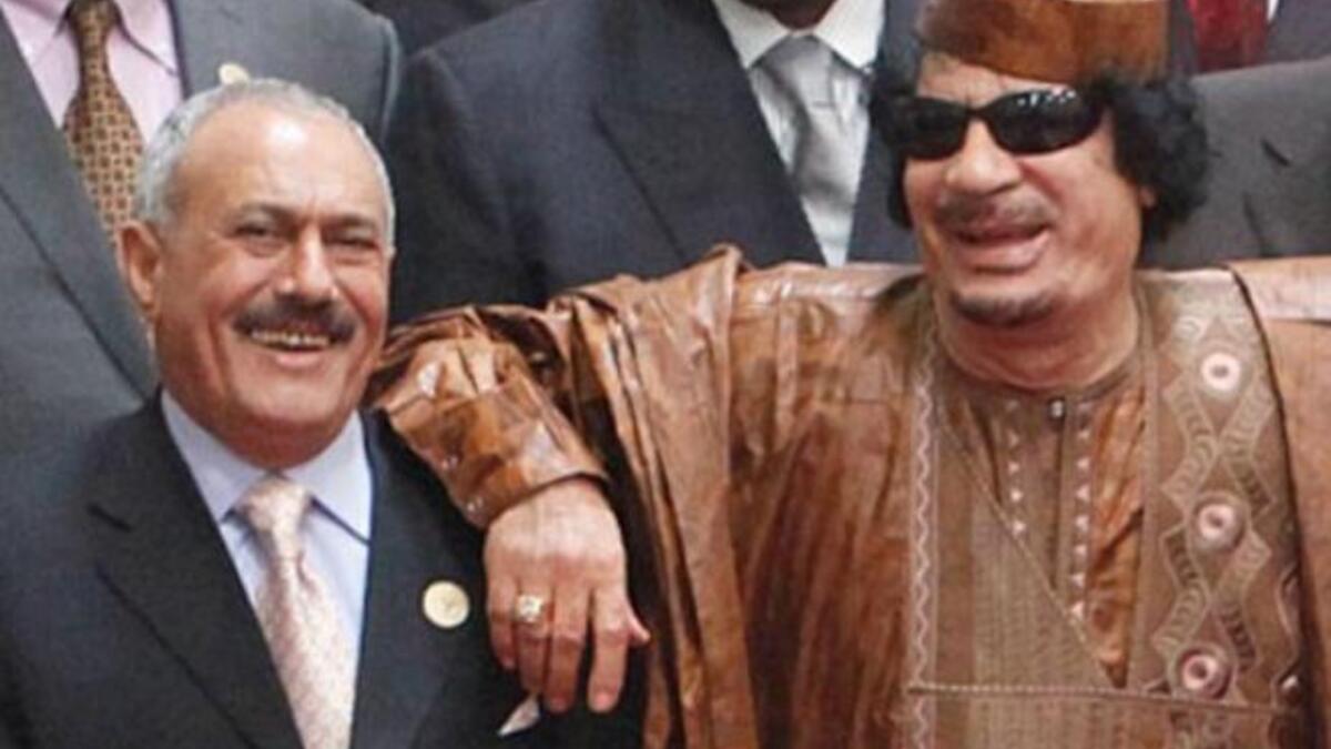 Giving his buddy in unpopularity some friendly advice: “Muammar Gaddafi advises the President of Yemen Ali Abdullah Saleh to step down to prevent bloodshed.” Again, what??
