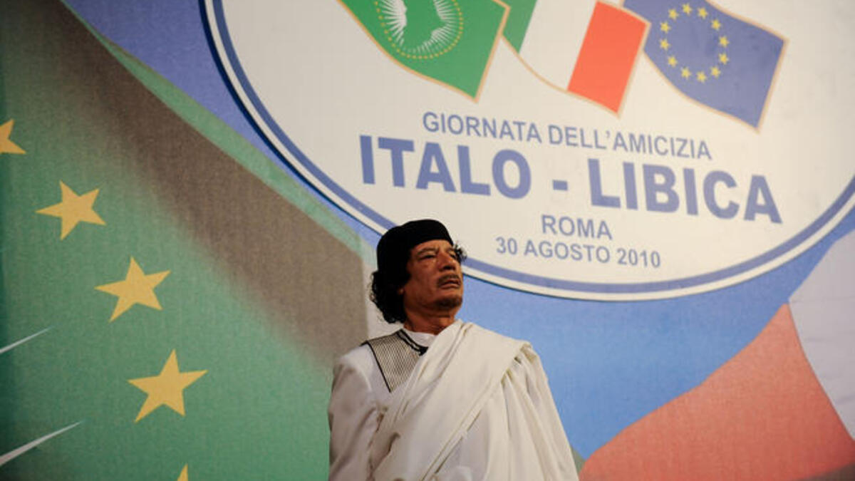 Gaddafi always one for the spotlight: here on an official two-day visit to Italy for talks with another colorful leader Prime Minister Silvio Berlusconi.