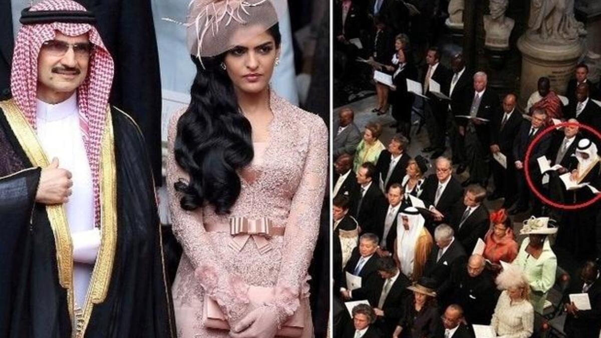 2 people married, millions party, but only the select few invited: From the Arab world this included the Moroccan Royals, Abu Dhabi and Omani Royals, as well as Prince al-Waleed bin Talal of KSA, here shown below. An Arab guest spotted in the congregation poring over the hym book to the right.