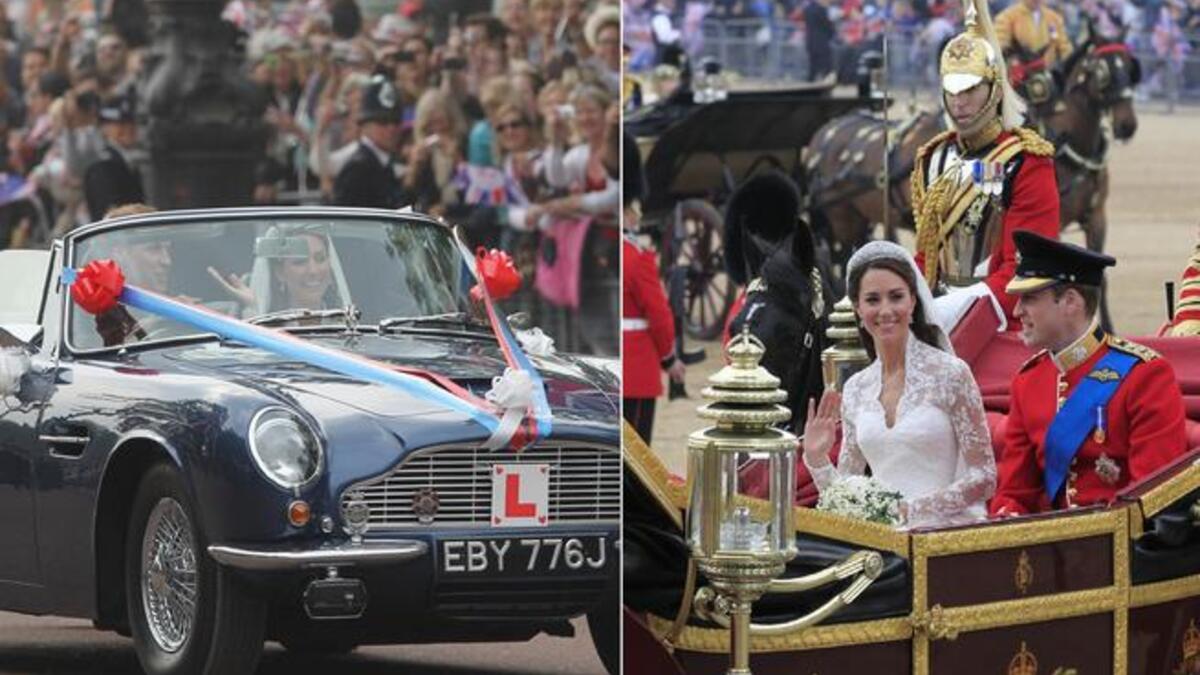 No ordinary 'Just Married's': Though they would like us to think otherwise, as William drives Kate from the palace to the reception afterward in an Aston Martin. Dad's Aston Martin. Still, a far-cry from the horse-drawn carriage we earlier watched deliver the happy couple to the Palace.