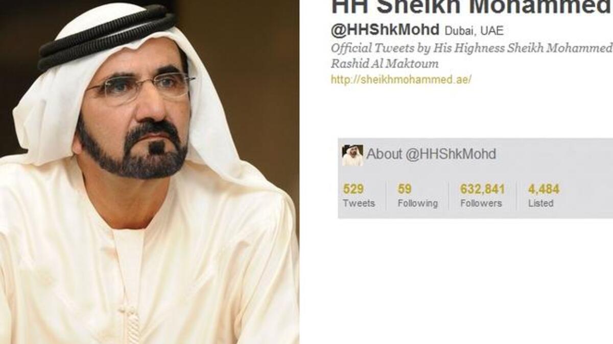 @HHShkMohd HH Sheikh Mohammed, PM & VP of the UAE, Ruler of Dubai, gives his 600,000 + followers 'green' tweets, promoting UAE developments & progress. He celebrates local education milestones. He includes photos of himself marking national events as the first Metro opening. A tweet announcement & photo recently welcomed his royal baby 'Zayed'.