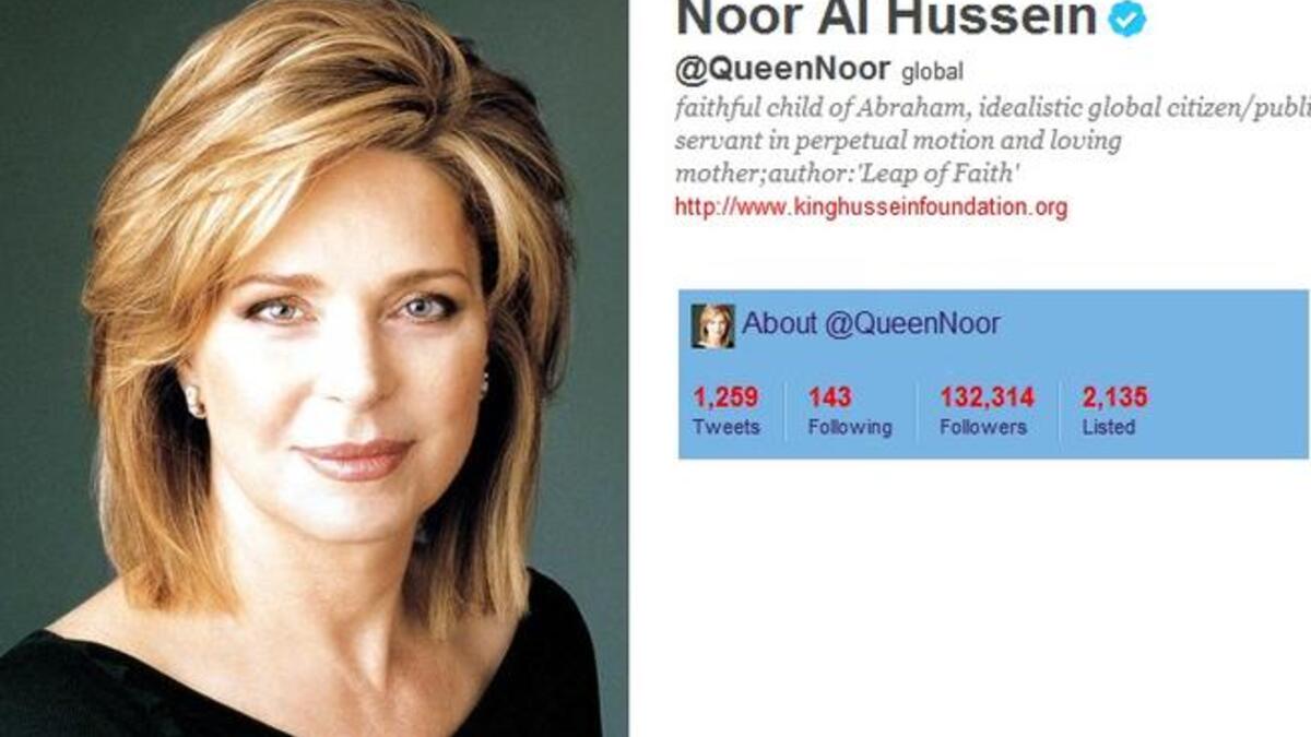 @QueenNoor: The widow of King Hussein; queen 'dowager' of Jordan. She uses Twitter as her mouthpiece for her international activism; & her channel for promoting her King Hussein Foundation. She recently tweeted touching tributes to her son Hamzeh's marriage to her new daughter in-law, 'beautiful inside & out'. She interacts with her followers.