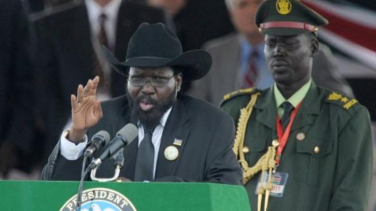 The President of Southern Sudan Salva Kiir addresses a large crowd gathered for the ceremony in the capital Juba.