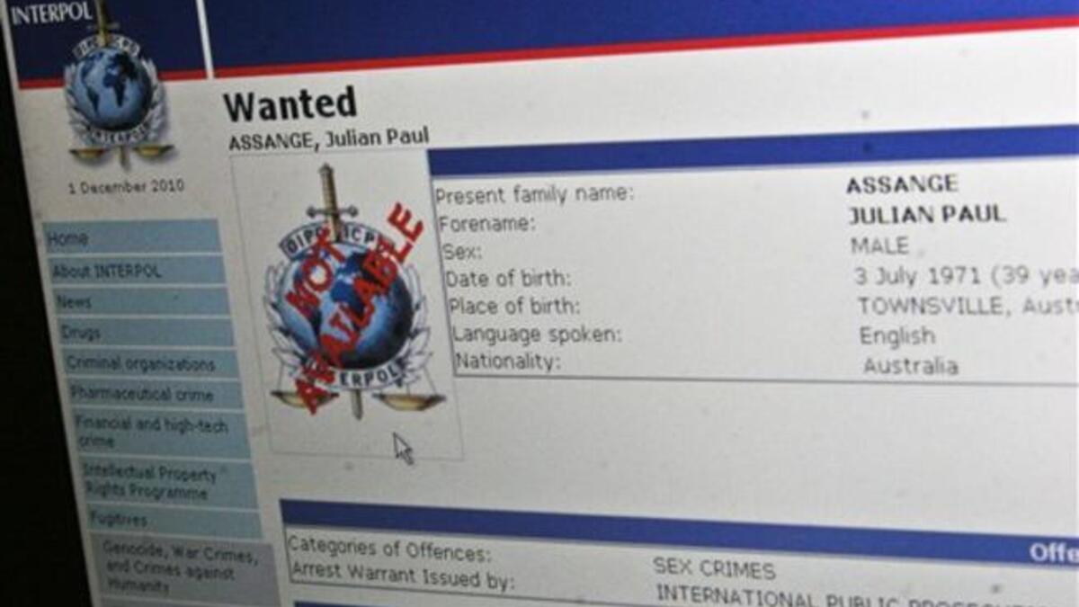 The "Wanted" Interpol web page for Wikileaks founder Julian Assange is seen on November 30, 2010 in Washington, DC.