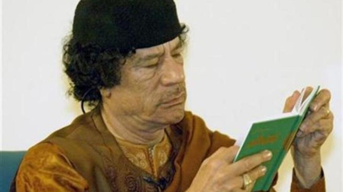 Green Book: the mainstay of his career, informing penal codes. Any Libyan who uses weapons against Libya is sentenced to death (but why share this since no one would use weapons against him; if they did, they would be foreign Al-Qaedan types, no?)