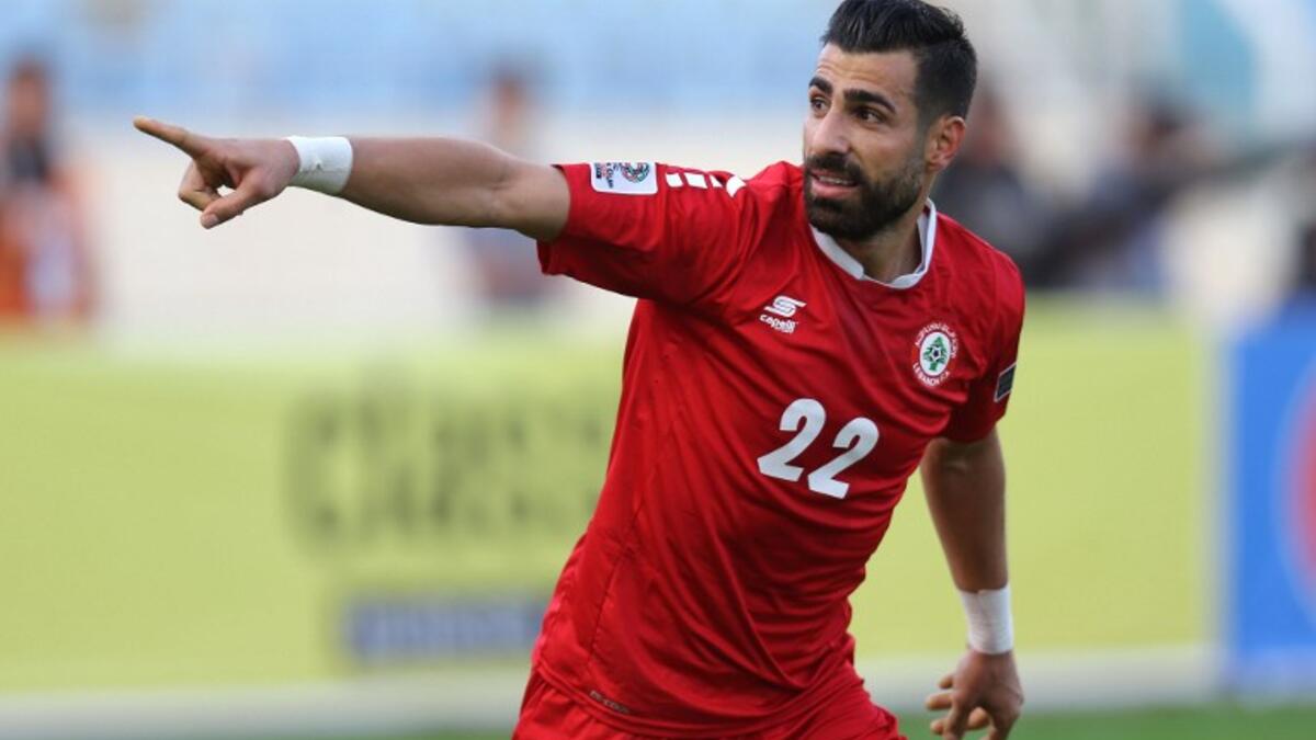 Lebanon's forward Mohamad Ghaddar celebrates after scoring a goal during the AFC Asian Cup qualifiers football match between Lebanon and Hong Kong at the Sport City Stadium in Beirut on March 28, 2017.
STRINGER / AFP