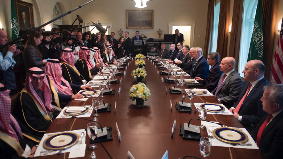 Jared Kushner (L), son of US President Donald Trump and White House Senior Adviser, attends a lunch meeting with US President Donald Trump and Saudi Arabia's Crown Prince Mohammed bin Salman, and members of his delegation, in the Cabinet Room of the White House in Washington, DC, March 20, 2018.