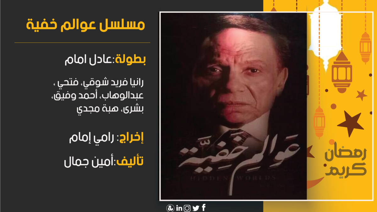 مسلسل عوالم خفية: يجسد عادل إمام فيه دور كاتب صحفي وروائي كبير يرتبط بعائلته ارتباطًا وثيقًا، ولكن حياته تتغير حين تقع في يده مجموعة من المستندات الهامة التي تكشف فساد عدد من المسؤولين