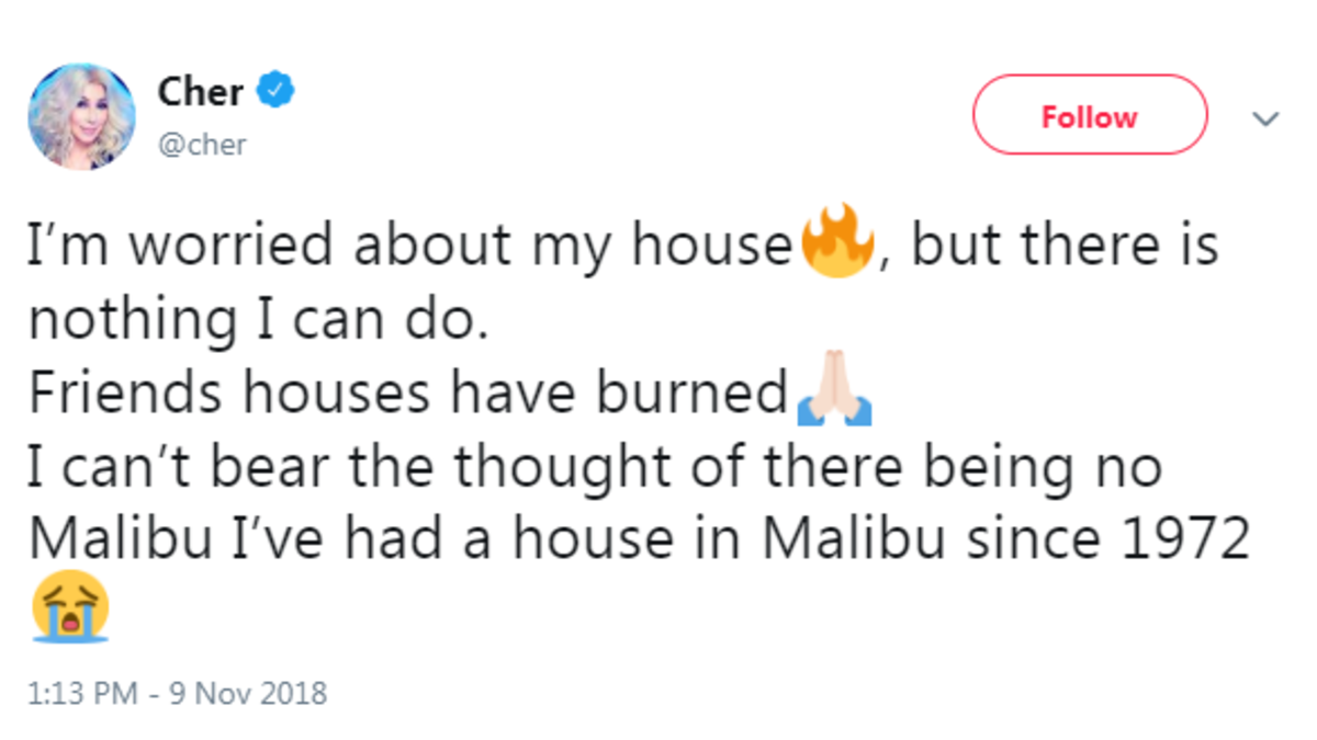 المغنية شير: كتبت على "تويتر": "حريق الغابات اقترب من المنزل، ولكنني لم أكن فيه.. منازل الأصدقاء احترقت، لا أحتمل فكرة ألا تكون هناك ماليبو".