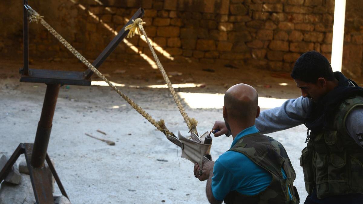 When your throwing arm just won’t do, it’s time to go medieval. Rebel fighters have been spotted using slingshots like this one and catapults to launch grenades, pipe bombs and Molotov cocktails at greater distances.